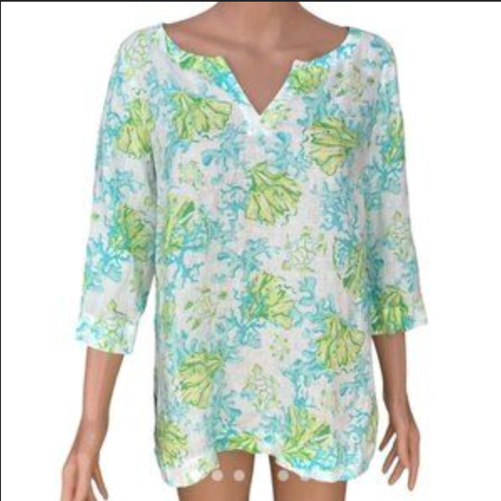 J.Jill Love Linen 100% Linen Coastal Seashell Coral Print Tunic Top L